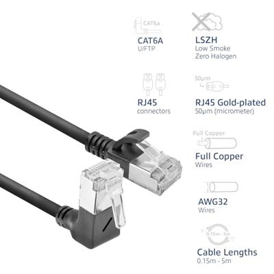 ACT Zwarte 1.5 meter U/FTP CAT6A LSZH Slimline patchkabel met RJ45 connectoren recht naar 90° haaks - thumbnail