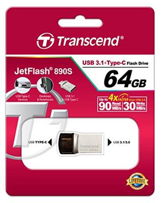 Transcend JetFlash® 890 USB-stick smartphone/tablet Zilver 64 GB USB-A 3.2 Gen 2, USB-C Transcend JetFlash® 890 USB-stick smartphone/tablet Zilver 64 GB USB-A 3.2 Gen 2, USB-C