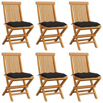 Tuinstoelen 6 st met zwarte kussens massief teakhout