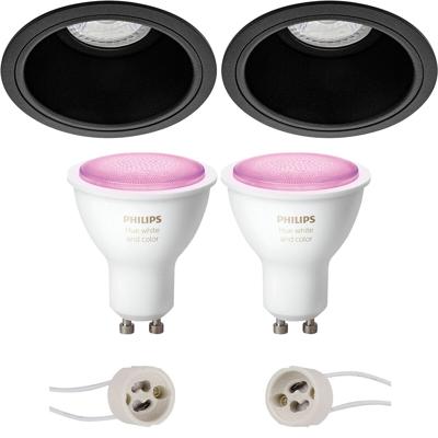 GU10 Inbouwspot Set - Mat Zwart - Inbouw Rond - Verdiept - Philips Hue - White and Color Ambiance - Bluetooth - Pragmi Minko Pro - Ø90mm