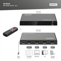 Digitus DS-55333 HDMI-switch 3 + 1 poorten LED-weergave, Met afstandsbediening, Ultra HD-geschikt, Met metalen behuizing, Individueel schakelbaar, Met - thumbnail