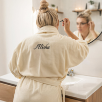 Dames badjas borduren - Beige - L/XL - thumbnail