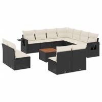 12-delige Loungeset met kussens poly rattan zwart - thumbnail