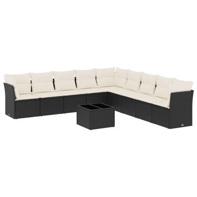 10-delige Loungeset met kussens poly rattan zwart - thumbnail