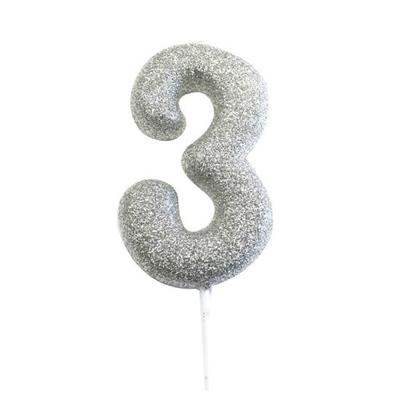 Nummerkaars &apos;3&apos; Glitter Zilver