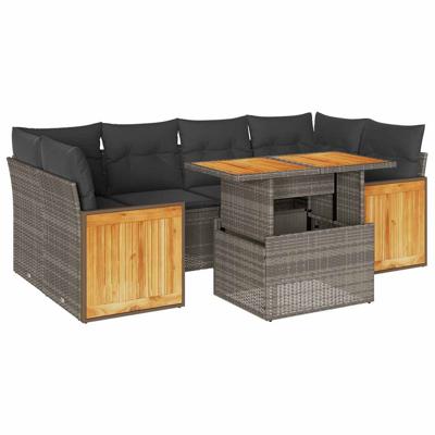 7-delige Loungeset met kussens poly rattan acacia grijs