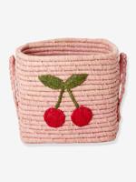 Kleine raffiamand met kersenborduursel rice lichtroze - thumbnail