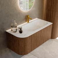 Mondiaz KURVE-DLUX 95 cm Onderkast Greeploos 1 Lade Met Deuren Walnut, Wastafel Solid Surface Rechts Opalo 1 Kraangat Zonder Spiegel (KRVBGS95L1L1D1KR-Wal/Opa) - thumbnail