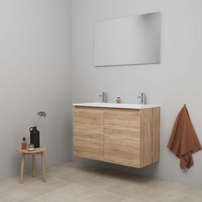 On-Line Badkamermeubelset - 100 cm - Voorgemonteerd - Greeploos 2 Deuren - Acryl Wastafel - 2 Kraangaten - Spiegel - Eiken