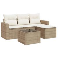 5-delige Loungeset met kussens poly rattan beige - thumbnail