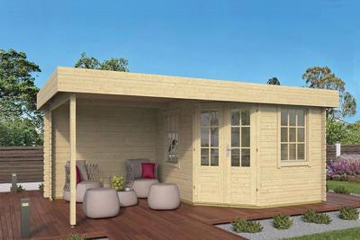 Tuindeco Stig Hoekblokhut 250x300 cm + overkapping 250 cm 28 mm vuren blank- Plat dak- Onbehandeld vurenhout- Tuindeco