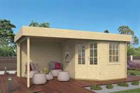 Tuindeco Stig Hoekblokhut 250x300 cm + overkapping 250 cm 28 mm vuren blank- Plat dak- Onbehandeld vurenhout- Tuindeco - thumbnail