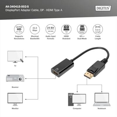 Digitus AK-340415-002-S DisplayPort / HDMI Adapter [1x DisplayPort stekker - 1x HDMI-bus] Zwart 4K UHD, Afgeschermd (dubbel), Afsluitbaar 20.00 cm
