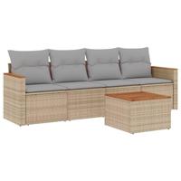 5-delige Loungeset met kussens poly rattan gemengd beige - thumbnail