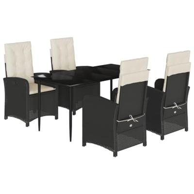 5-delige Tuinset met kussens poly rattan zwart