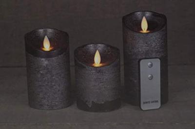 3ST KAARS ANTRACIET WAX RUSTIEK BEWEGENDE VLAM 7,5X10/12,5/15CM AFSTANDSBEDIENING 3X3AAA - Annas collection