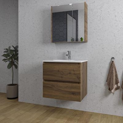 Adema Chaci Badkamermeubelset - 60x46x57cm - 1 ovale keramische wasbak wit - 1 kraangat - 2 lades - Spiegelkast - noten (hout) SW1212815/SW1212758/SW812073/SW718716