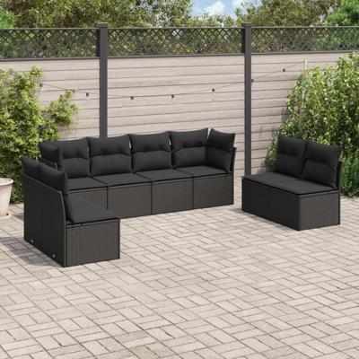 8-delige Loungeset met kussens poly rattan zwart - thumbnail