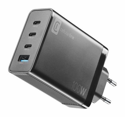 Cellularline ACHUSBGAN4WAL100WK USB-oplader 100 W 1x USB-A, 3x USB-C USB PD Zwart Snellader Cellularline ACHUSBGAN4WAL100WK USB-oplader 100 W 1x USB-A, 3x USB-C USB PD Zwart Snellader