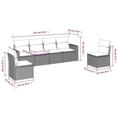 6-delige Loungeset met kussens poly rattan grijs - thumbnail