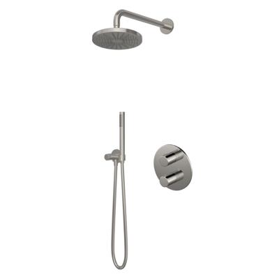 Hotbath Buddy - Inbouw Regendoucheset - Geborsteld Nikkel - Thermostatisch - Wandarm 35 cm - Hoofddouche 200 mm - Staafhanddouche - Waterbesparend - V01