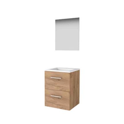 Basic-Line Ultimate 46 Badkamermeubelset - 50 x 46 cm - Met Grepen - 2 Lades - Acryl Wastafel - 1 Kraangat - Spiegel met Indirecte LED Verlichting - Whisky Oak
