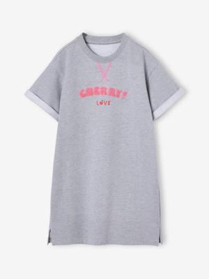 Meisjesjurk in lichte fleece met aangebracht motief gemêleerd grijs Meisjesjurk in lichte fleece met aangebracht motief gemêleerd grijs