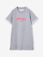 Meisjesjurk in lichte fleece met aangebracht motief gemêleerd grijs - thumbnail