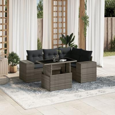 5-delige Loungeset met kussens poly rattan grijs