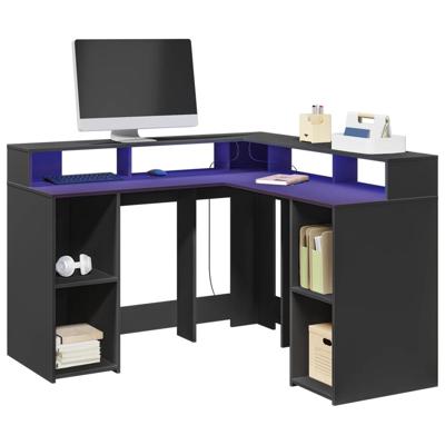 Bureau met LED-verlichting 130x130x91 cm bewerkt hout zwart - thumbnail