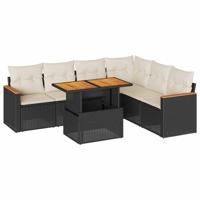 7-delige Loungeset met kussens poly rattan zwart - thumbnail