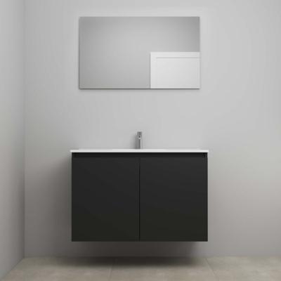 On-Line Badkamermeubelset - 100 cm - Bouwpakket - Greeploos 2 Deuren - Porseleinen Wastafel - 1 Kraangat - Spiegel - Mat Zwart