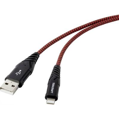 TOOLCRAFT TO-6899490 USB-kabel USB 2.0 USB-A stekker, Apple Lightning stekker 1.00 m Zwart-rood Extreem robuust gevlochten bescherming