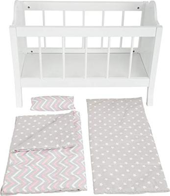 Small Foot houten poppenbed wit met beddengoed strepen, 4dlg.