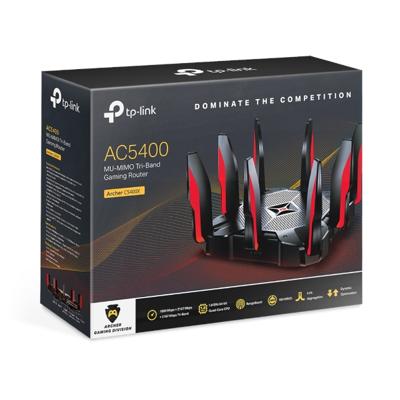 TP-Link AC5400 MU-MIMO Tri-Band Gaming Router, 8 × Gigabit LAN-poorten, 1,8 GHz 64 Bit Quad-Core CPU, 2 × USB 3.0-poorten, ideaal voor gaming Xbox/PS4/Steam en 4K, compatibel met Alexa (Archer C5400X)