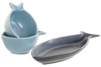 Set voor voorgerechtjes Home ESPRIT Blauw Hemelsblauw Porselein Acacia Mediterrane Vissen 19,5 x 16,5 x 1,3 cm 4 Onderdelen - thumbnail