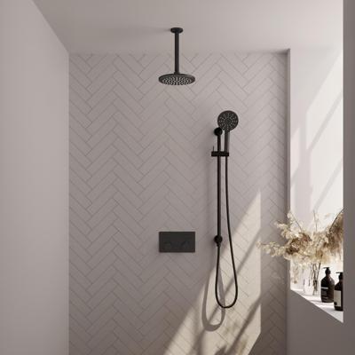 Zwarte inbouw regendouche set met drukknoppen en 20 cm douchekop