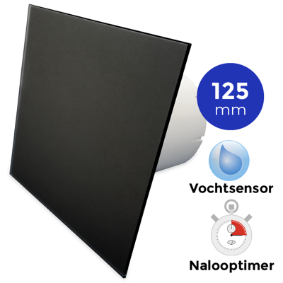 Whisper Pro-design Badkamerventilator - Ø125mm - Met Nalooptimer + Vochtsensor - Vlak Glas - Mat Zwart Whisper Pro-design Badkamerventilator - Ø125mm - Met Nalooptimer + Vochtsensor - Vlak Glas - Mat Zwart
