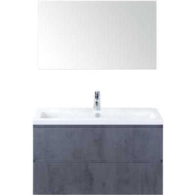 Vogue Badmeubelset 100 cm - Greeplijst in Kleur - Beton Antra - Keramische Wastafel Wit 1 Kraangat met Spiegel