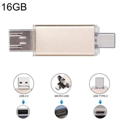 16GB 3-in-1 USB-C / OTG Type-C + USB 2.0 Flash Disk voor Smartphones van de Type-C & PC Computer(Gold)