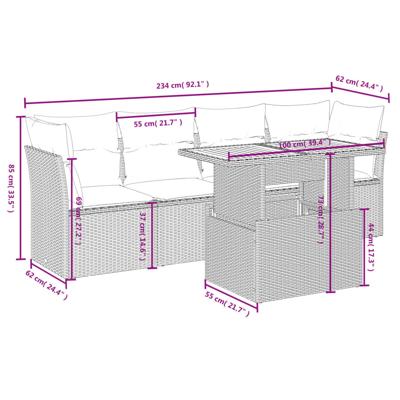 5-delige Loungeset met kussens poly rattan zwart - thumbnail