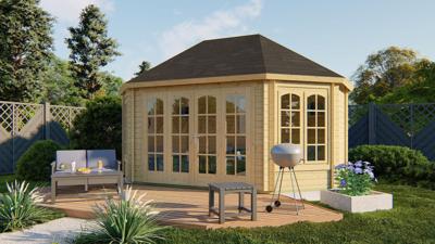 Blokhut Gudrun 525x380 cm - Bruin geïmpregneerd- Puntdak- Geïmpregneerd vurenhout- Tuindeco Blokhut Gudrun 525x380 cm - Bruin geïmpregneerd- Puntdak- Geïmpregneerd vurenhout- Tuindeco