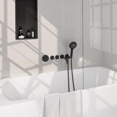 Brauer Stripe thermostatische inbouw badkraan SET 02 met uitloop en 3-standen handdouche en doucheslang en wandaansluitbocht mat zwart