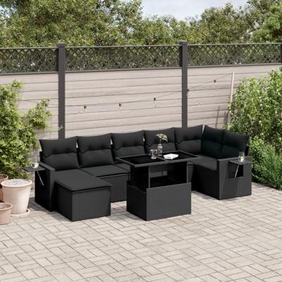 8-delige Loungeset met kussens poly rattan zwart - thumbnail