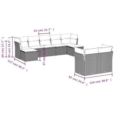 9-delige Loungeset met kussens poly rattan grijs