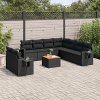 10-delige Loungeset met kussens poly rattan zwart - thumbnail