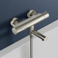 Badkraan Hotbath Buddy 15cm Hartafstand Thermostatisch Opbouw Geborsteld Messing 2 Greeps met Uitloop - thumbnail