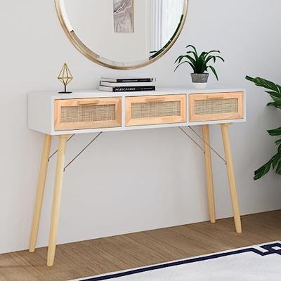 Wandtafel 105x30x75 cm massief grenenhout en natuurlijk rattan