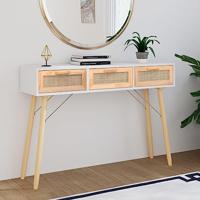 Wandtafel 105x30x75 cm massief grenenhout en natuurlijk rattan - thumbnail