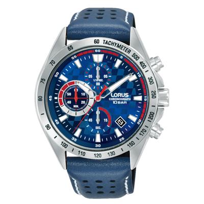 Lorus RM317JX9 Horloge Chronograaf staal-leder zilverkleurig-blauw 43,5 mm